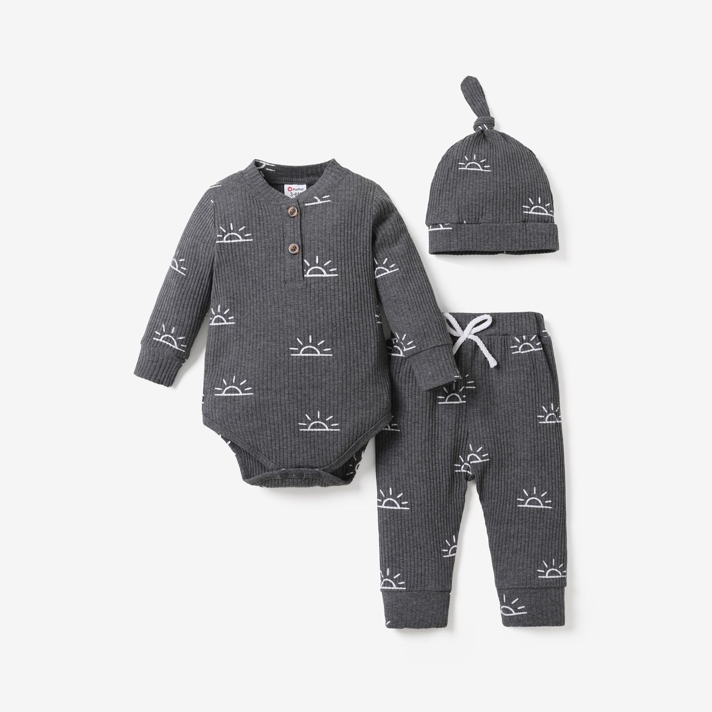 

3-piece Baby Boy/Girl 95% Cotton Ribbed Long-sleeve Sun Print Button Design Romper and Elasticized Pants with Cap Set
