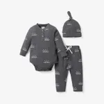 3-piece Baby Boy/Girl 95% Cotton Ribbed Long-sleeve Sun Print Button Design Romper and Elasticized Pants with Cap Set Grey