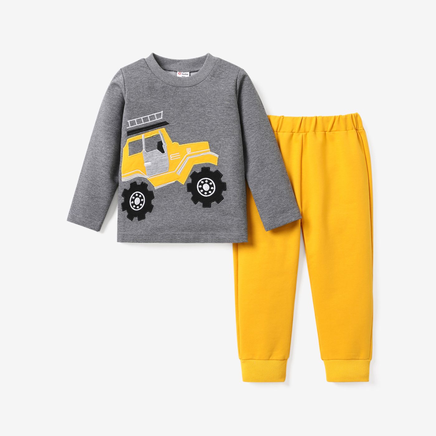 2pcs Toddler Boy Vehicle Imprimé Sweat-shirt Et Ensemble De Pantalon De Couleur Unie