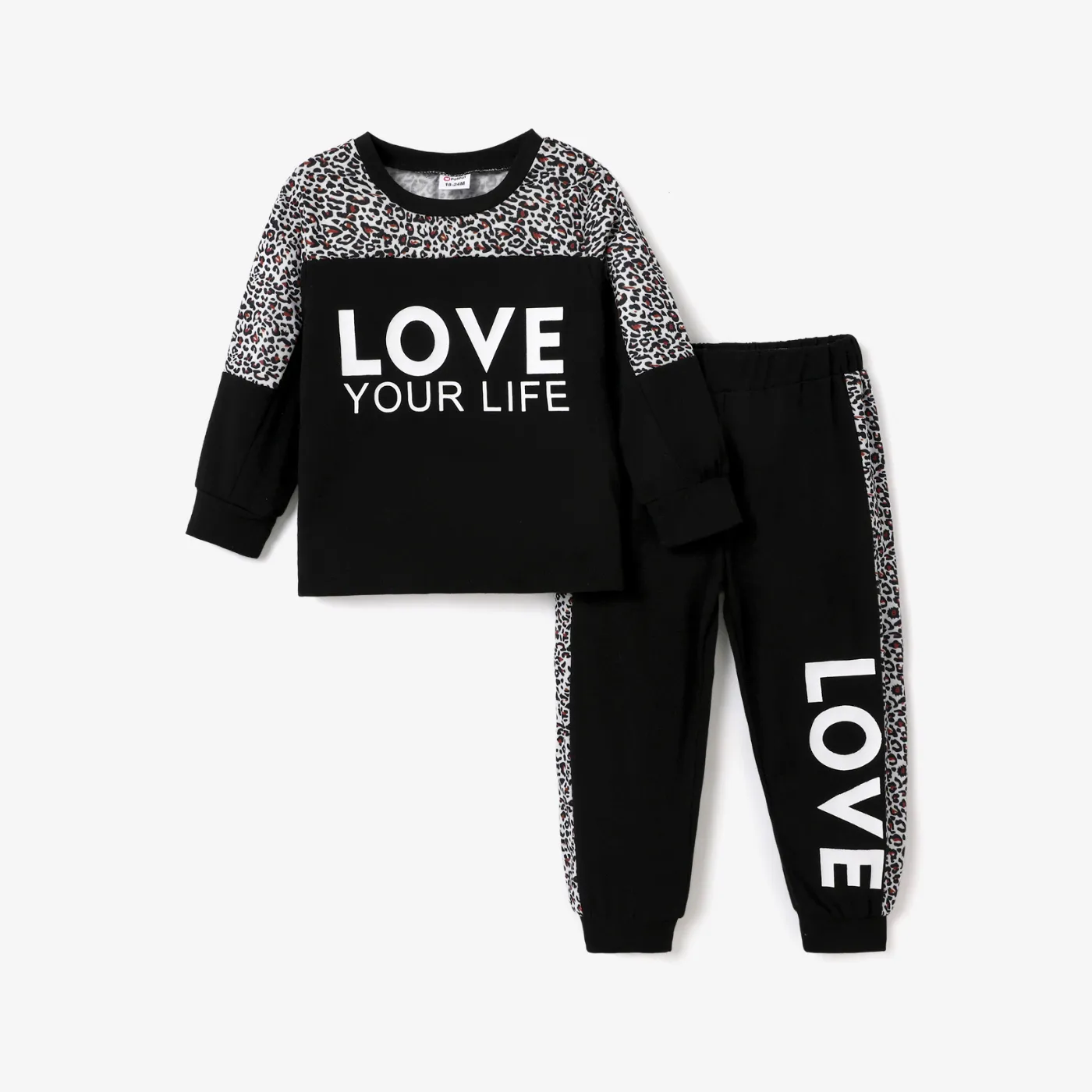 2-piece Toddler Girl Letter Leopard Print Sweatshirt and Pants Set Black