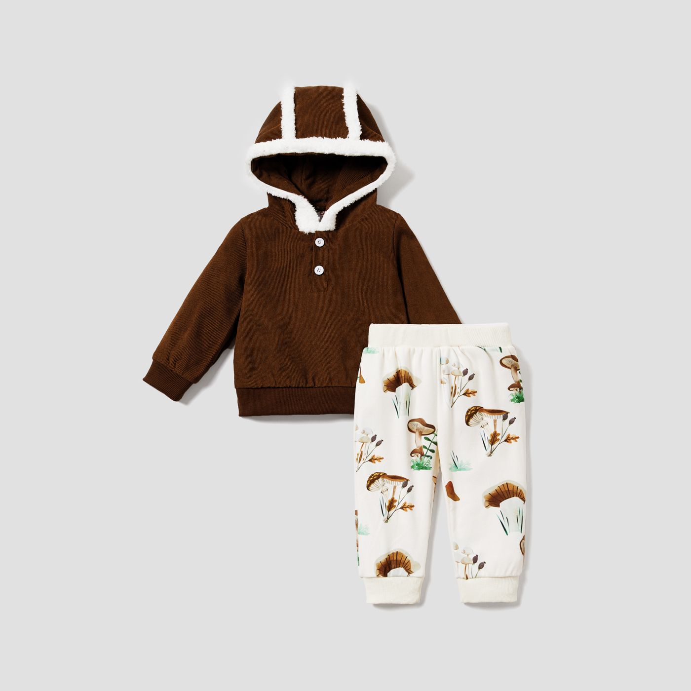 2pcs Baby Boy/Girl Brown Corduroy Fuzzy Trim Hoodie and Allover Print Pants Set