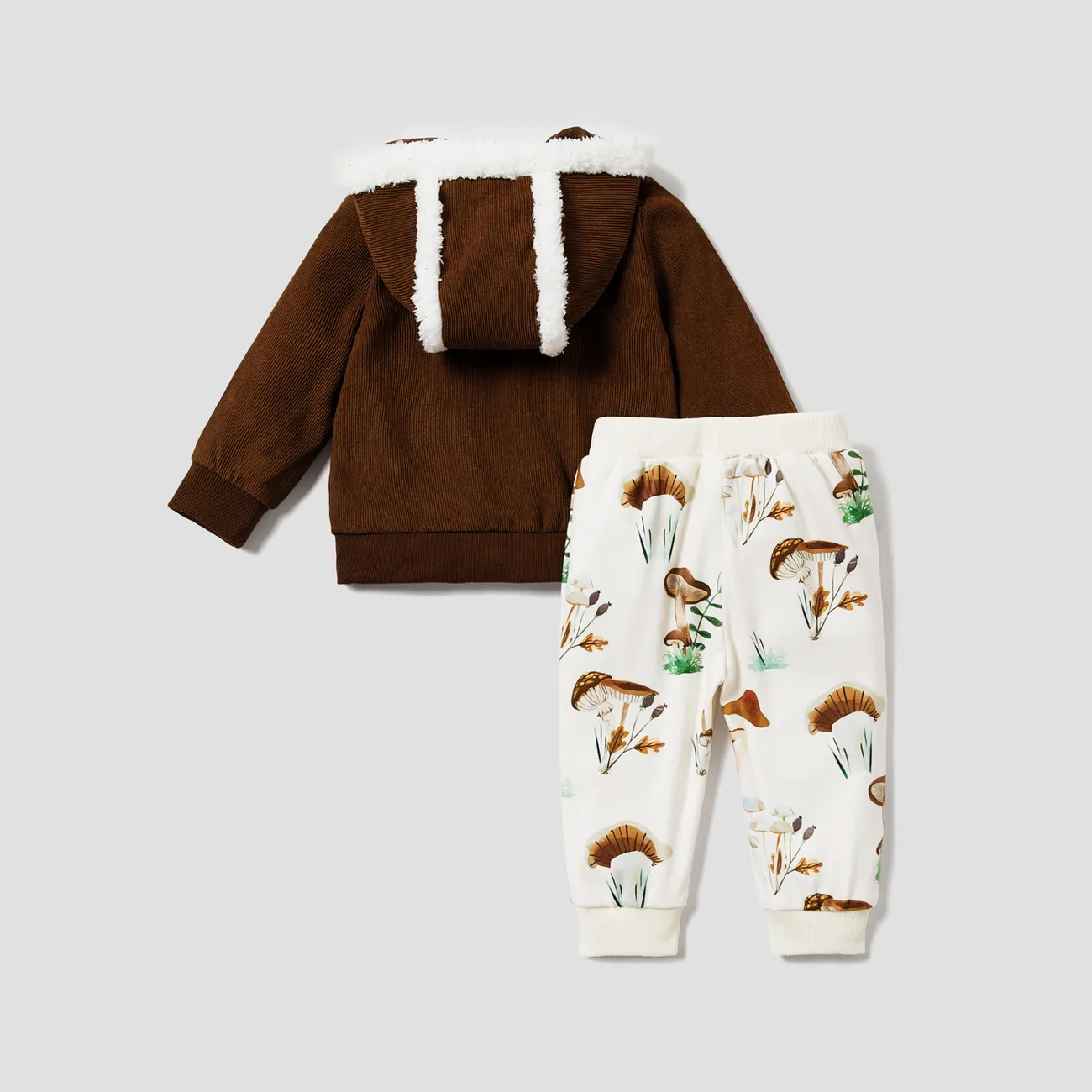 2pcs Baby Boy/Girl Brown Corduroy Fuzzy Trim Hoodie and Allover Print Pants Set Brown big image 1