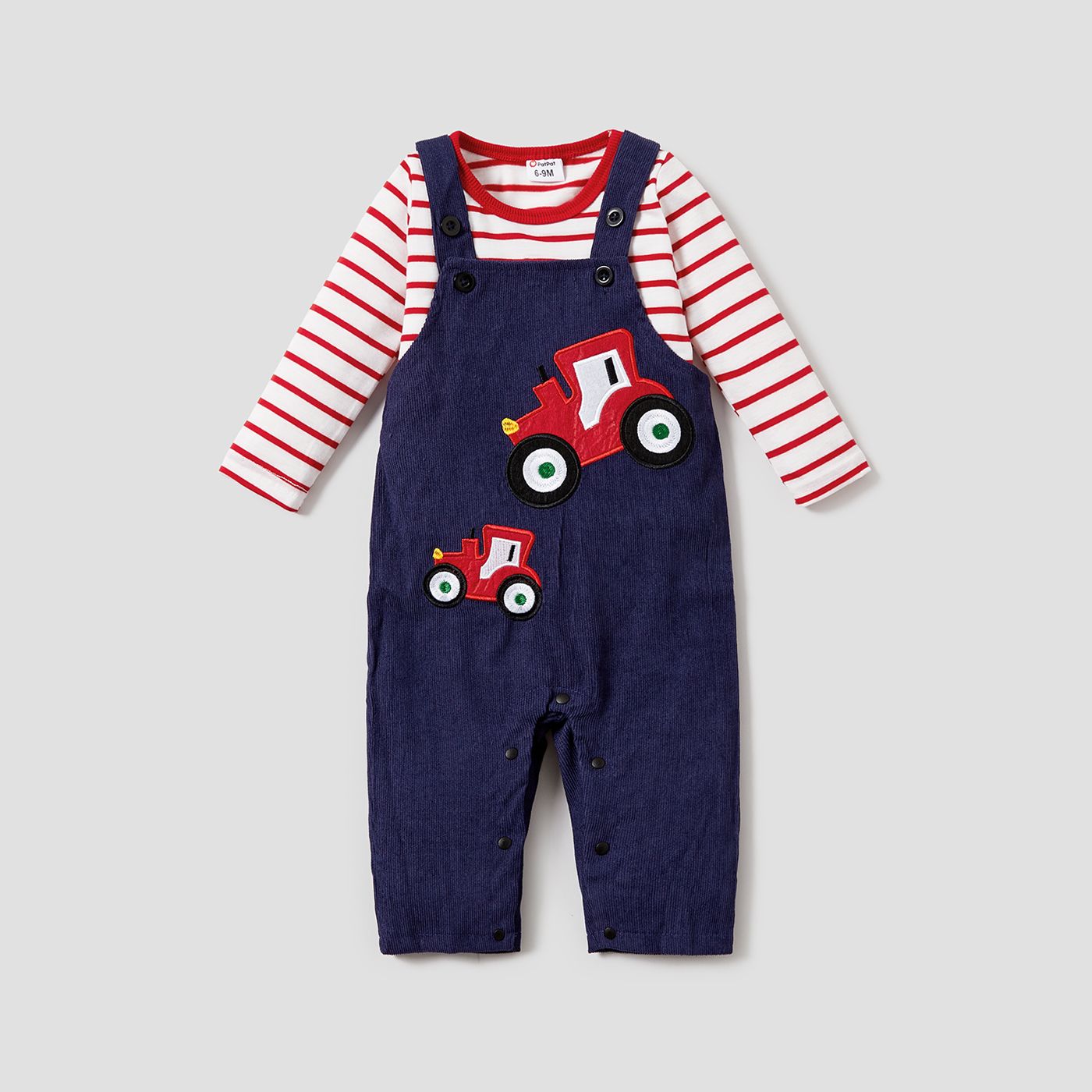 

2pcs Baby Boy Vehicle Print Corduroy Suspender Pants and T-shirt Set