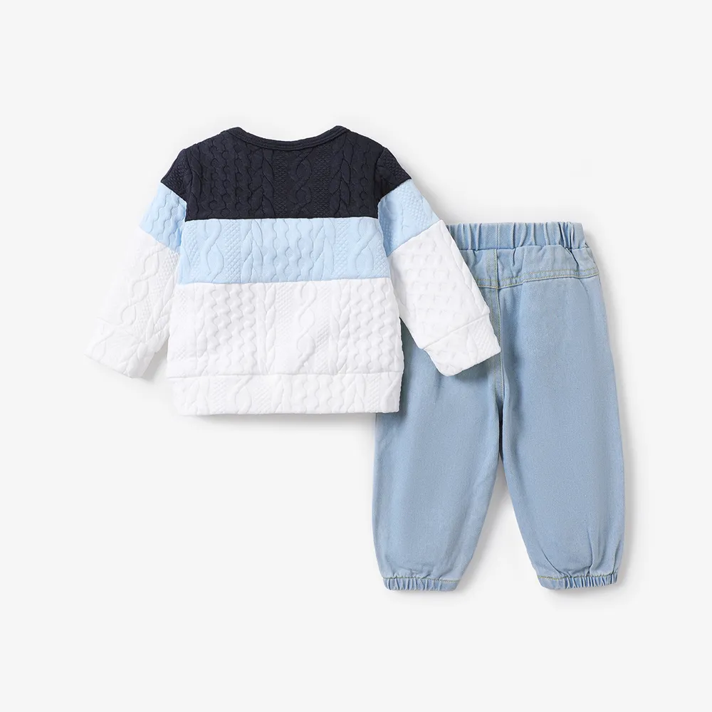 2pcs Baby Boy 95% Cotton Ripped Jeans and Textured Colorblock Long-sleeve Sweatshirt Set  big image 2