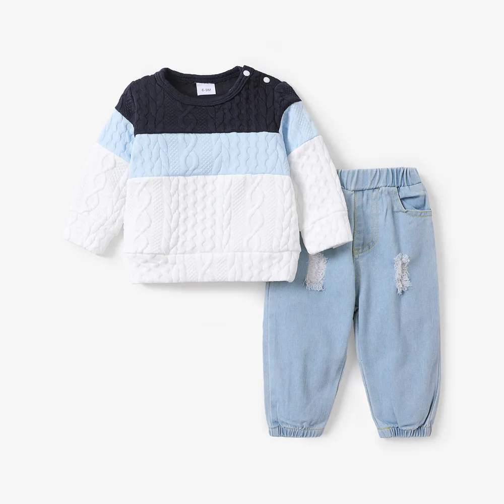 2pcs Baby Boy 95% Cotton Ripped Jeans and Textured Colorblock Long-sleeve Sweatshirt Set  big image 1