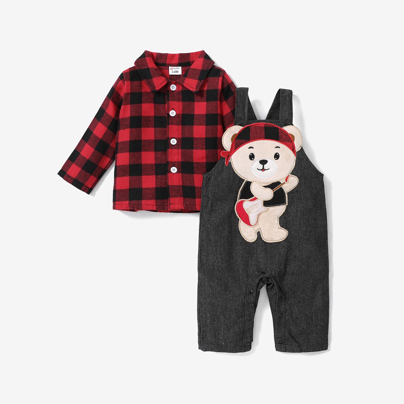 2pcs Baby Boy Classic Plaid Bear Animal Pattern Overalls Set