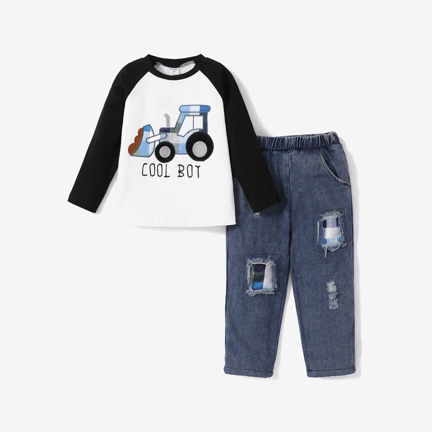 2pcs Toddler Boy Bulldozer à Motifs à Manches Longues Haut Et Ensembles De Pantalons En Denim