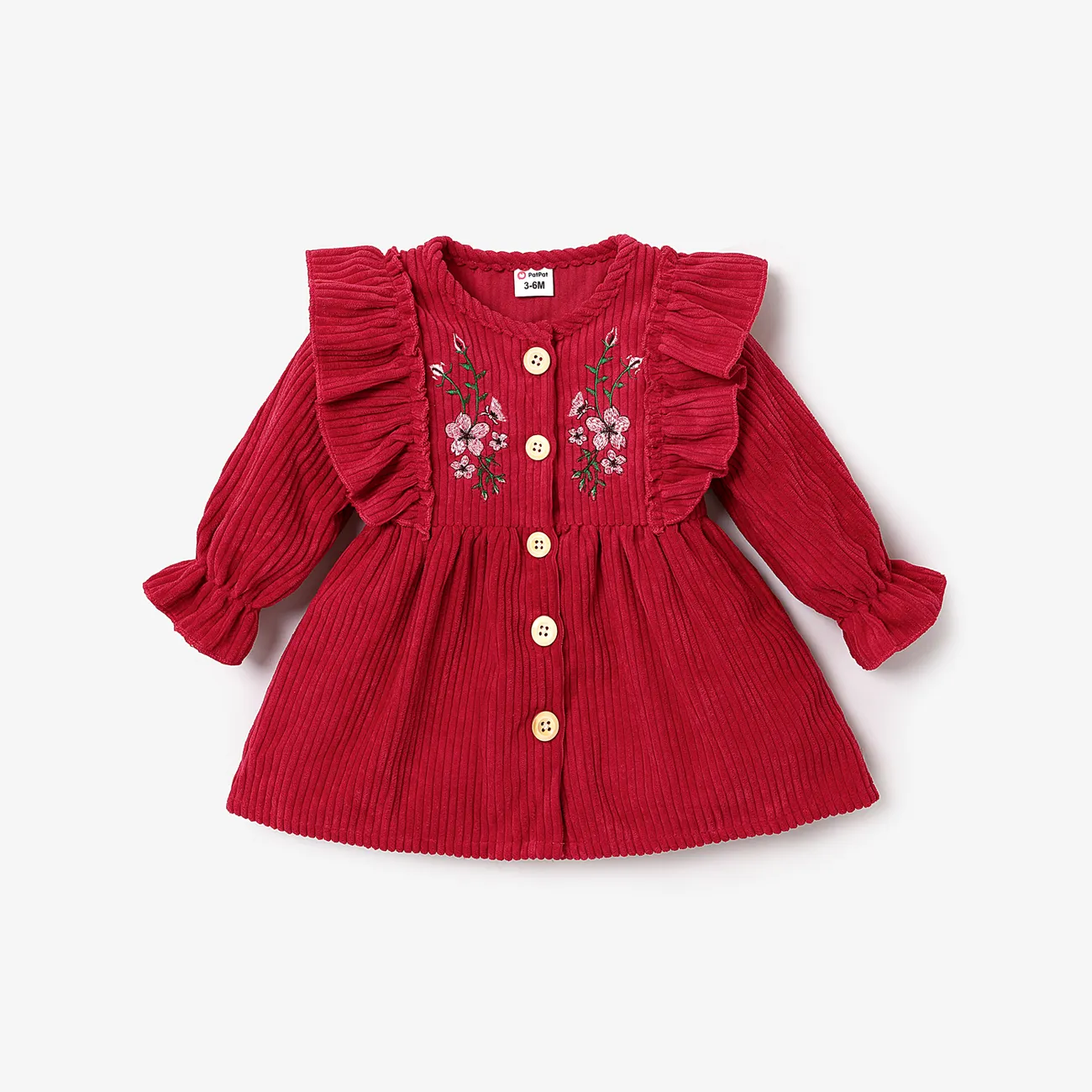 Baby Girl Floral Embroidered Ruffle Trim Long-sleeve Button Front Corduroy Dress WineRed big image 1