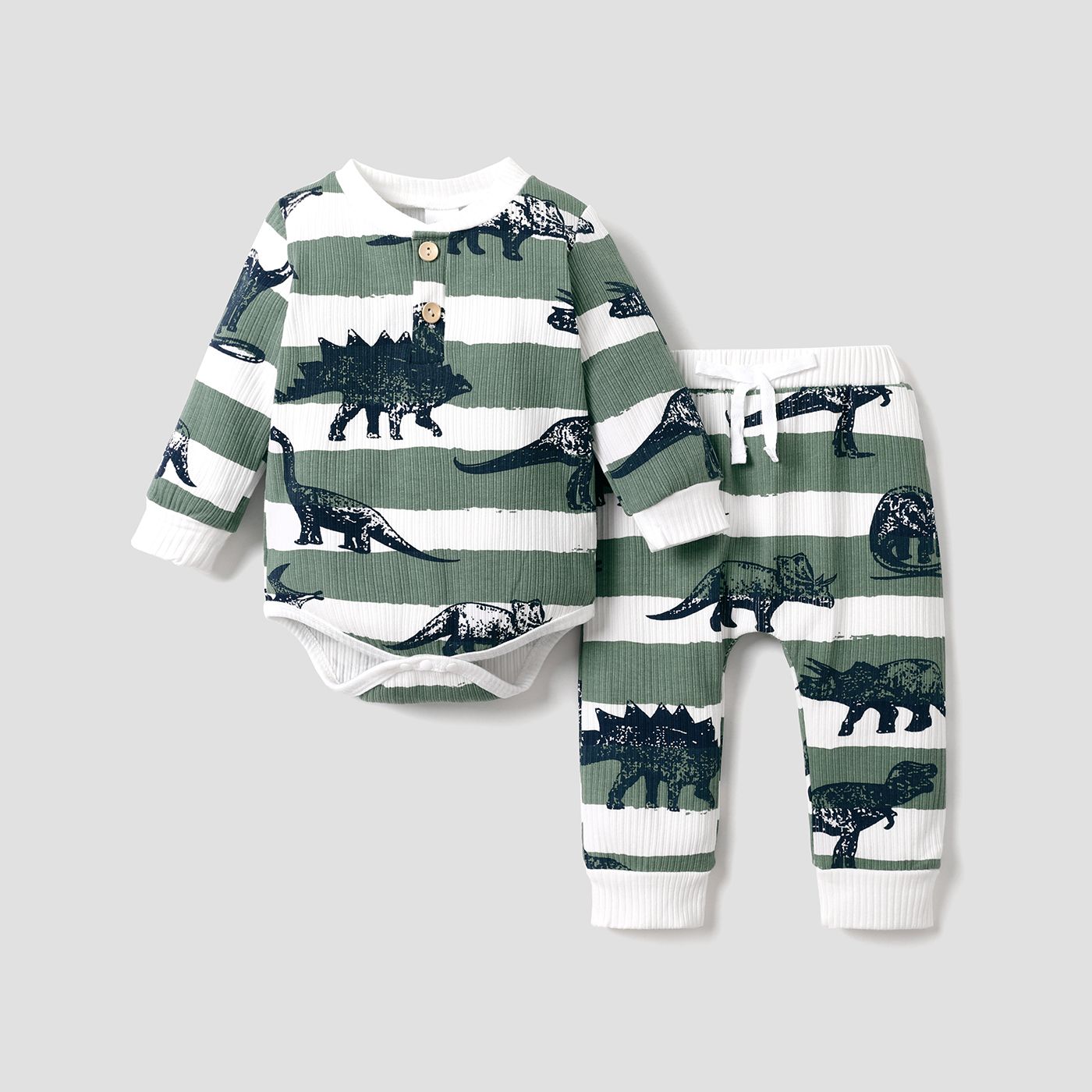 

Baby 2pcs Ribbed Stripe and Dinosaur Print Long-sleeve Romper Set