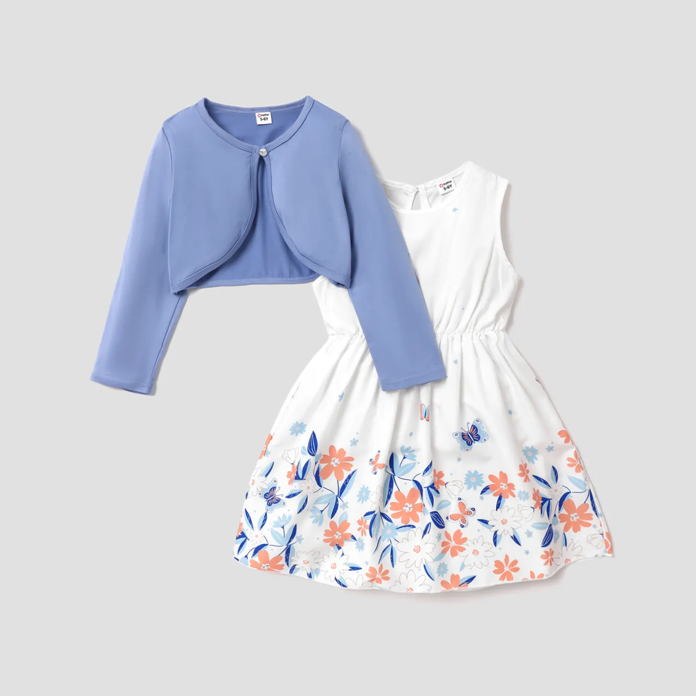 2pcs Kid Girl Solid Cardigan and Floral Print Tank Dress Set