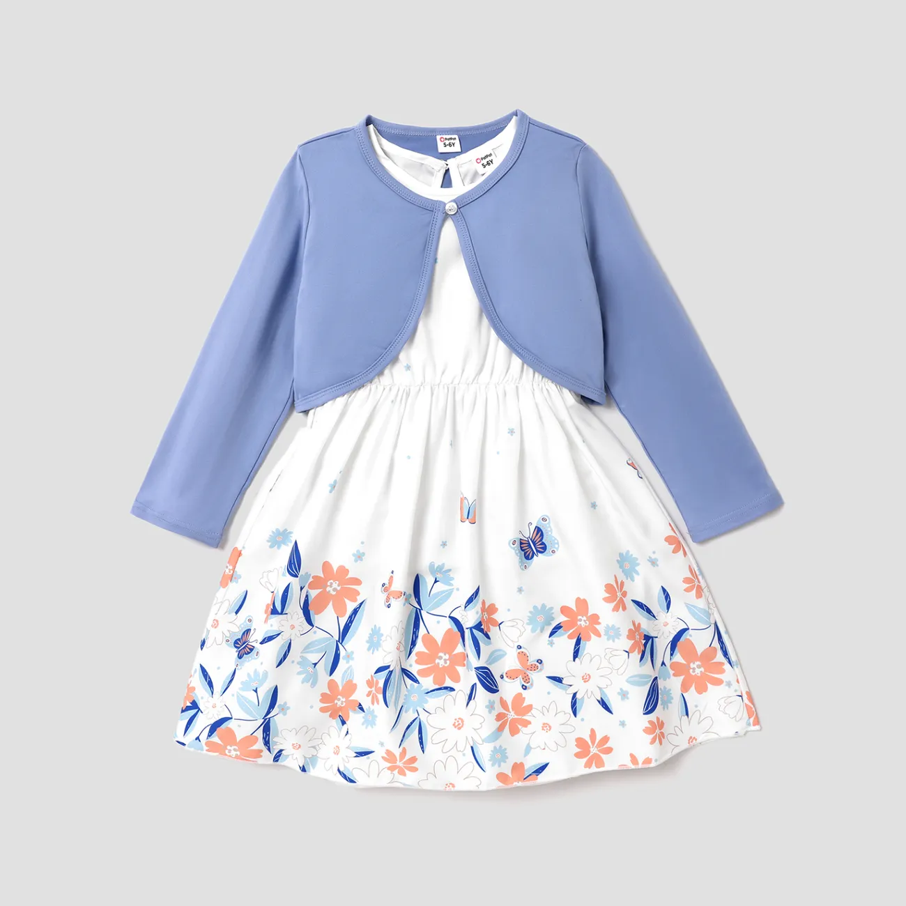 2pcs Kid Girl Solid Cardigan and Floral Print Tank Dress Set  Blue big image 1