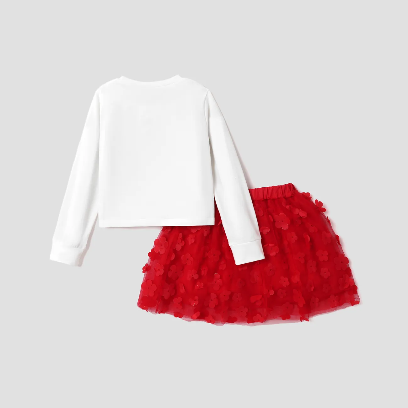 2pcs Kid Girl Figure Print Tee and 3D Floral Design Red Mesh Skirt Set Red big image 1