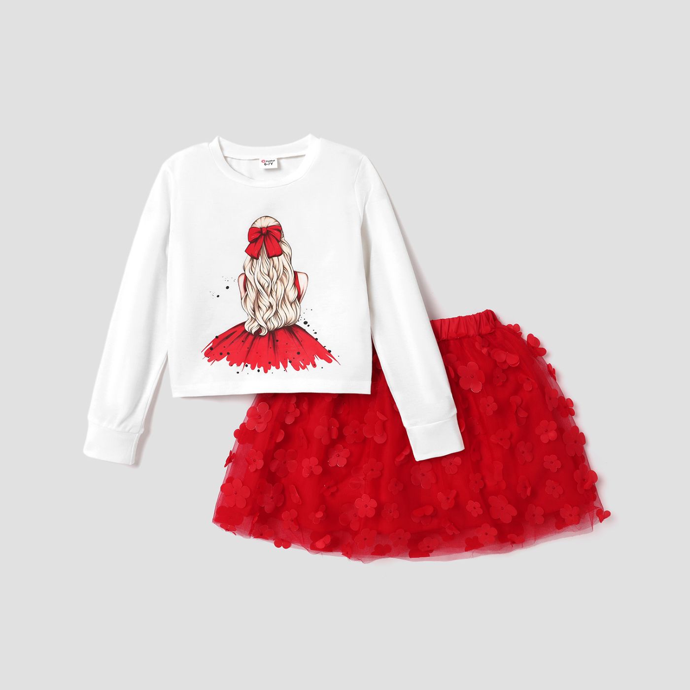 2pcs Kid Girl Figure Print Tee and 3D Floral Design Red Mesh Skirt Set