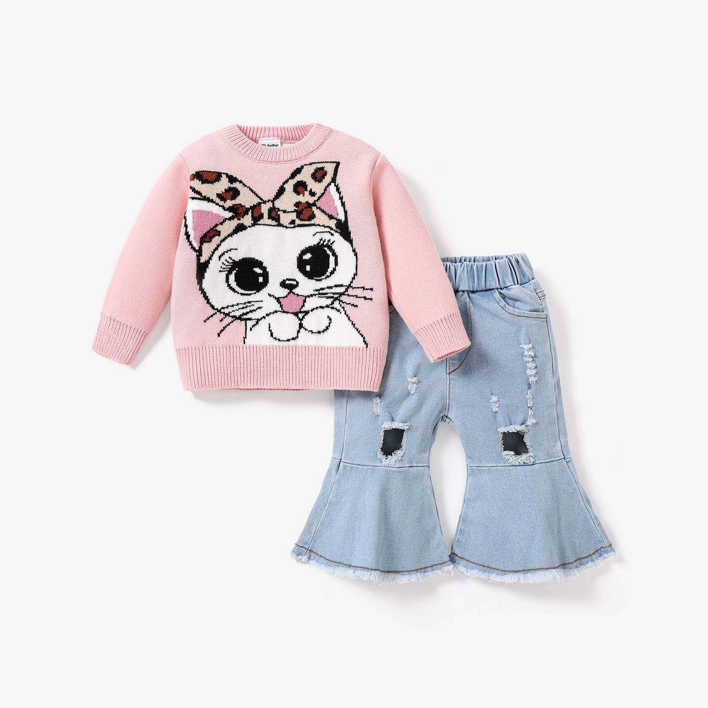 

Baby Girl Childlike Animal Cat Pattern Sweater/Denim Ripped Flared Jeans