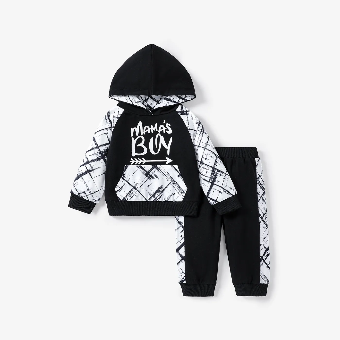 2pcs Baby Boy Letter Print Spliced Long-sleeve Hoodie and Sweatpants Set Black big image 1