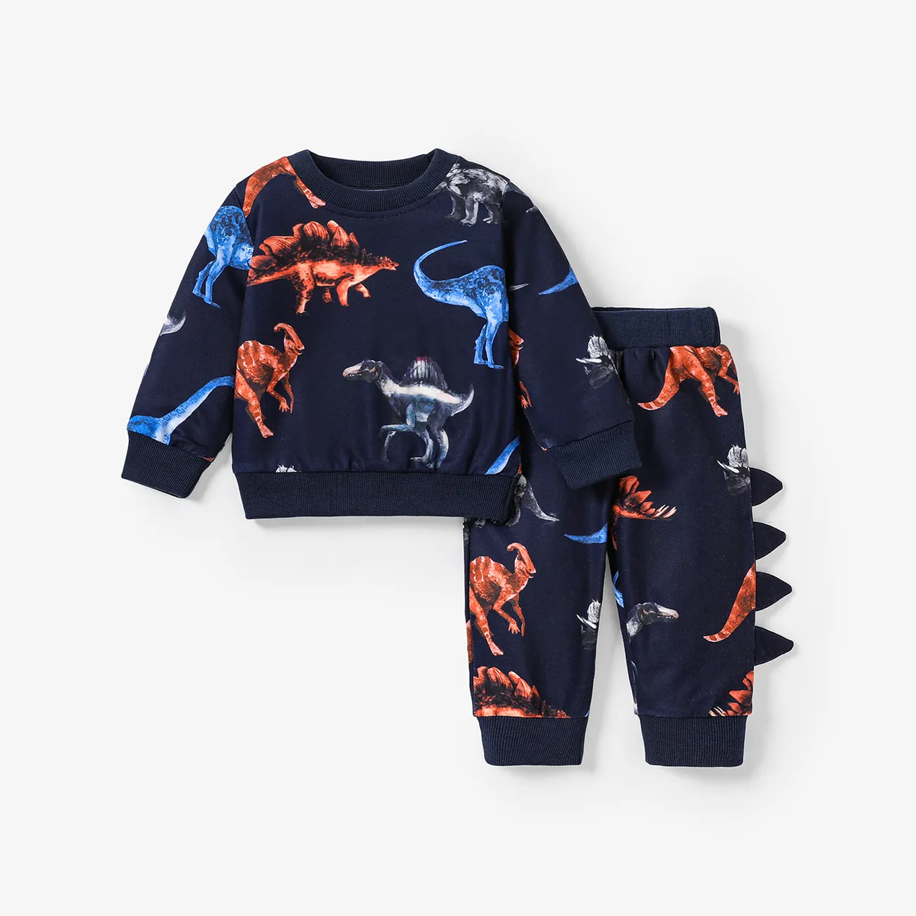 2pcs Baby Boy Allover Dinosaur Print Long-sleeve Sweatshirt & Sweatpants Set  big image 1