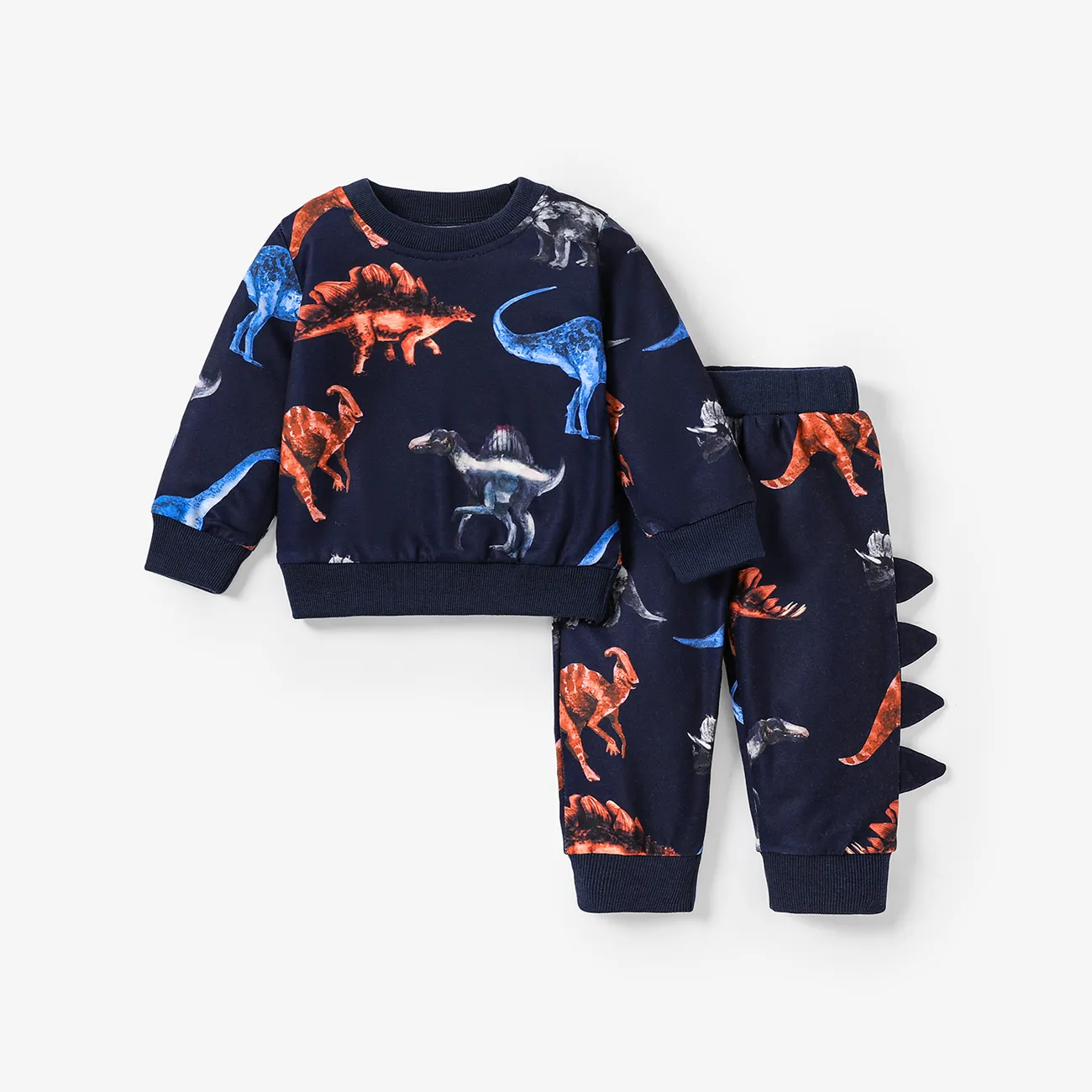 2pcs Baby Boy Allover Dinosaur Print Long-sleeve Sweatshirt & Sweatpants Set big image 1