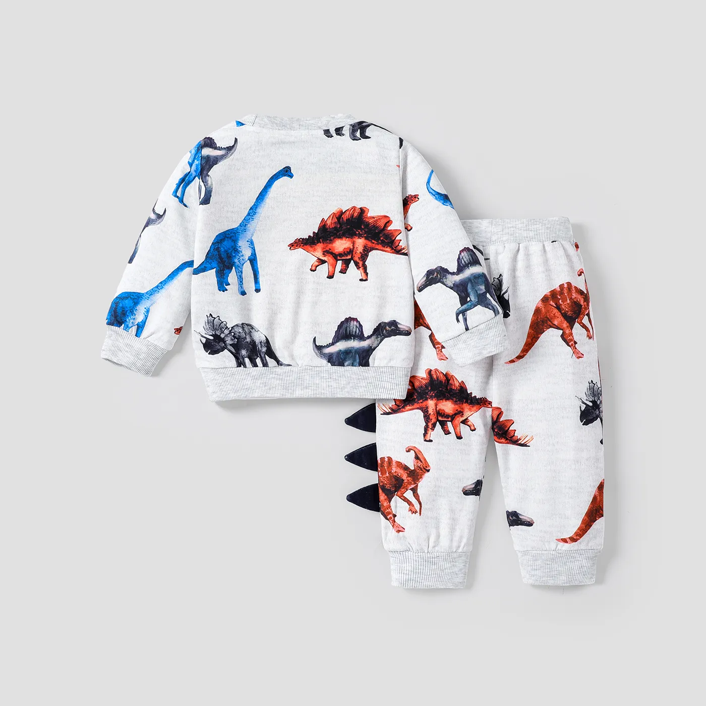 2pcs Baby Boy Allover Dinosaur Print Long-sleeve Sweatshirt & Sweatpants Set Light Grey image 5