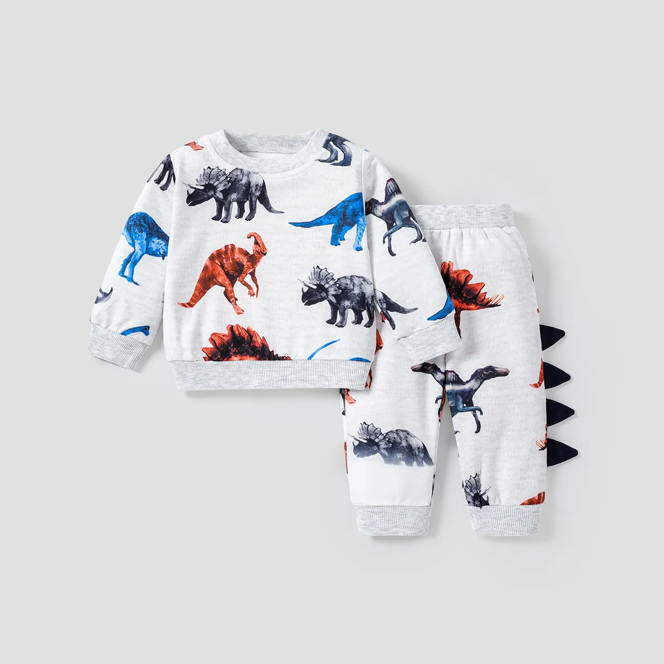 2pcs Baby Boy Allover Dinosaur Print Long-sleeve Sweatshirt & Sweatpants Set Light Grey big image 1