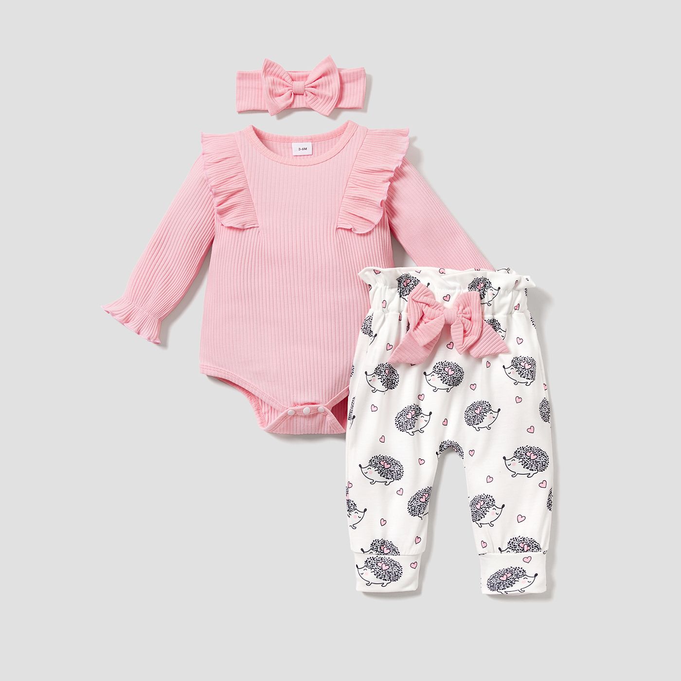 

3pcs Baby Girl 95% Cotton Ribbed Ruffle Long-sleeve Romper and Hedgehog Print Trousers with Headband Set