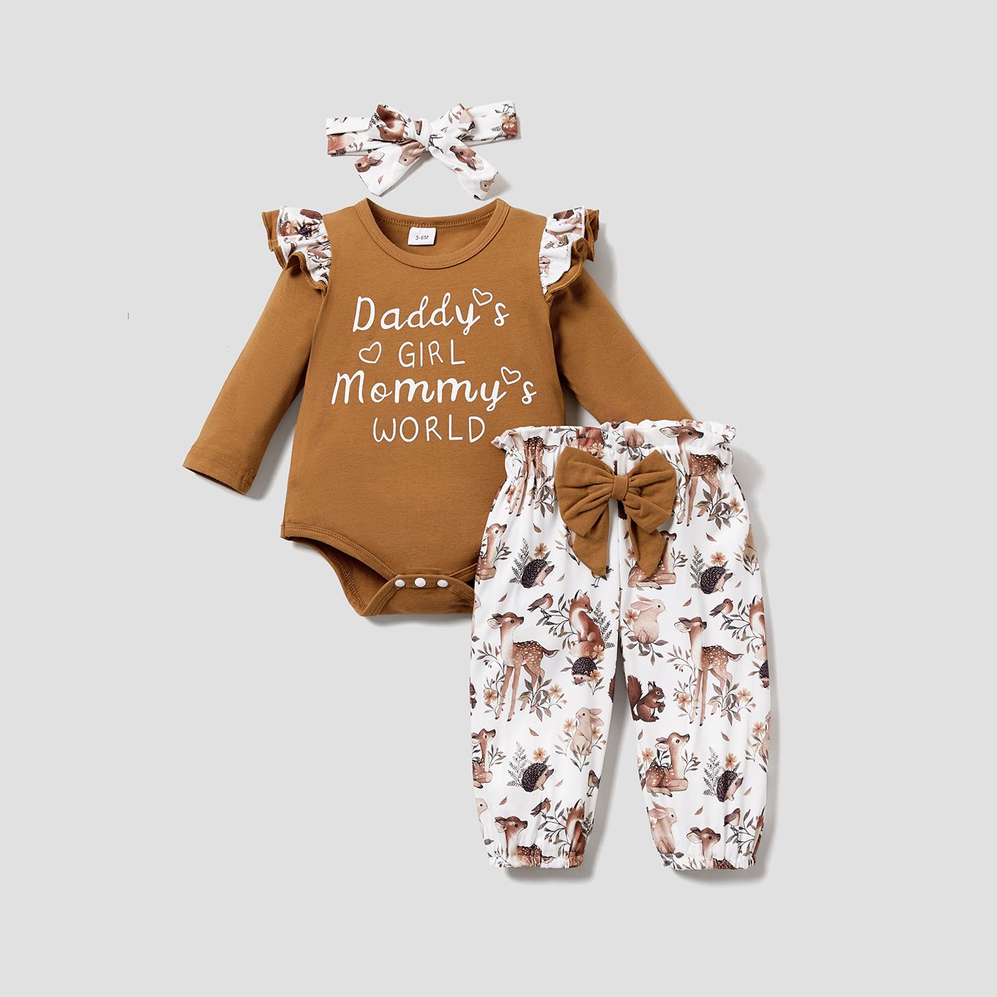 3pcs Baby Girl 95% Cotton Long-sleeve Letter Print Romper and Floral Trousers with Headband Set