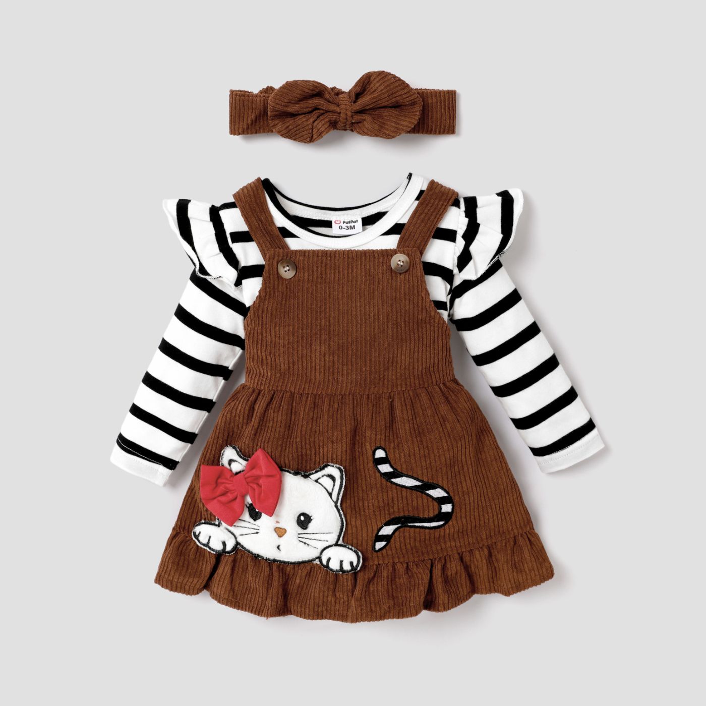 3pcs Baby Girl Stripe Ruffle Long-sleeve Romper and Cat Embroidery Buttons Ribbed Strappy Ruffle Ski