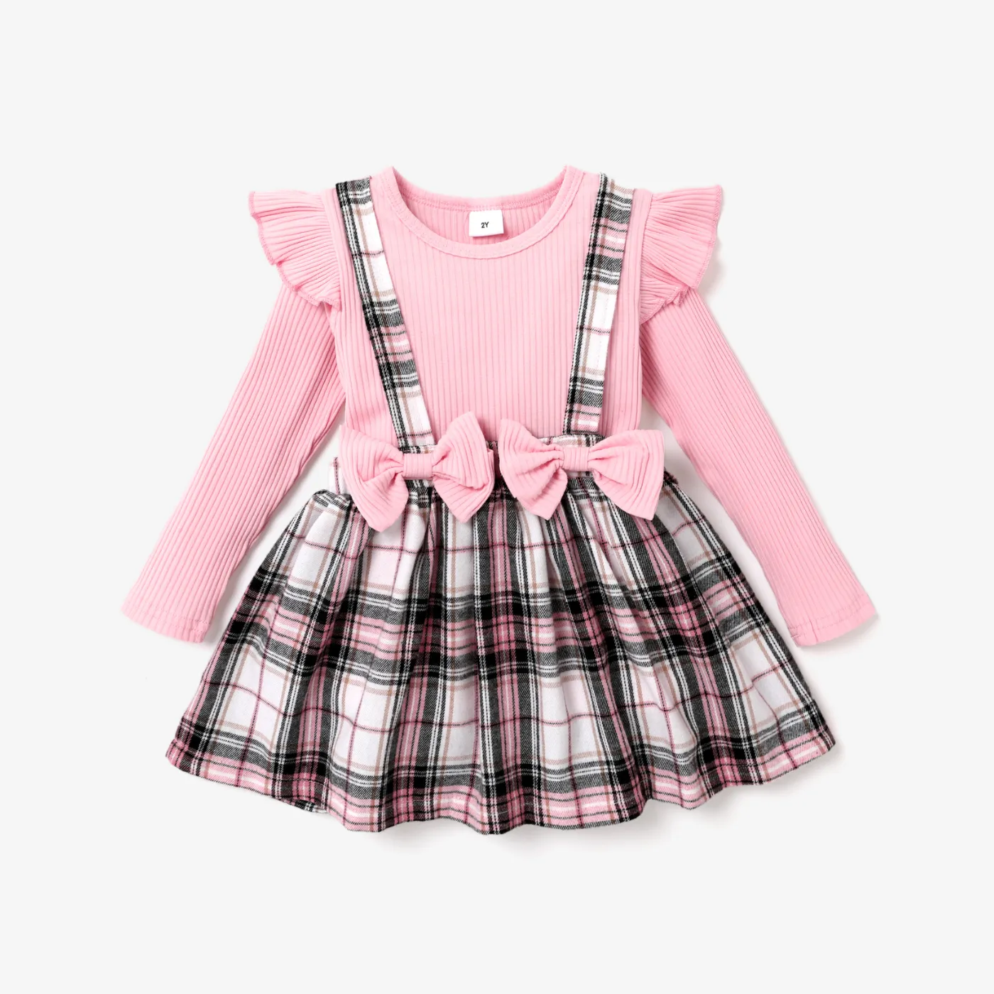 Toddler Girl Faux-two Bowknot Design Plaid Long-sleeve Dress Pink big image 1