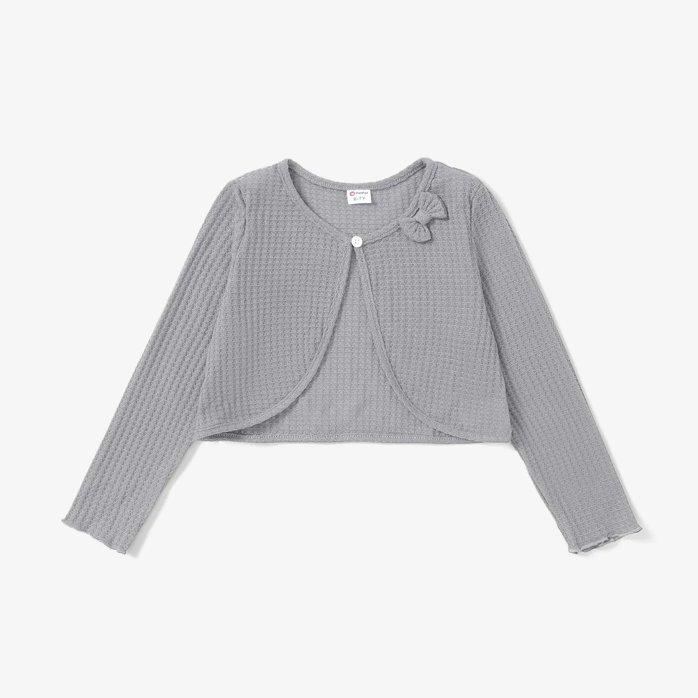 Kid Girl Bowknot Design Waffle Solid Color Cardigan Light Grey