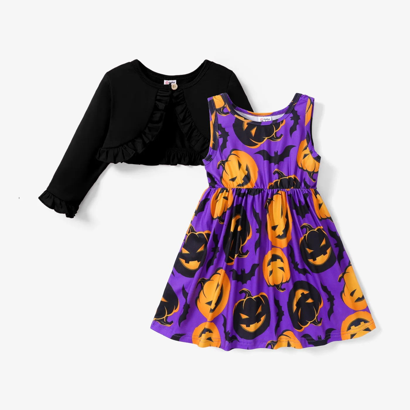 2pcs Toddler Girl Halloween Letter Pumpkin Print Sleeveless Dress and Ruffled Cardigan Set Purple
