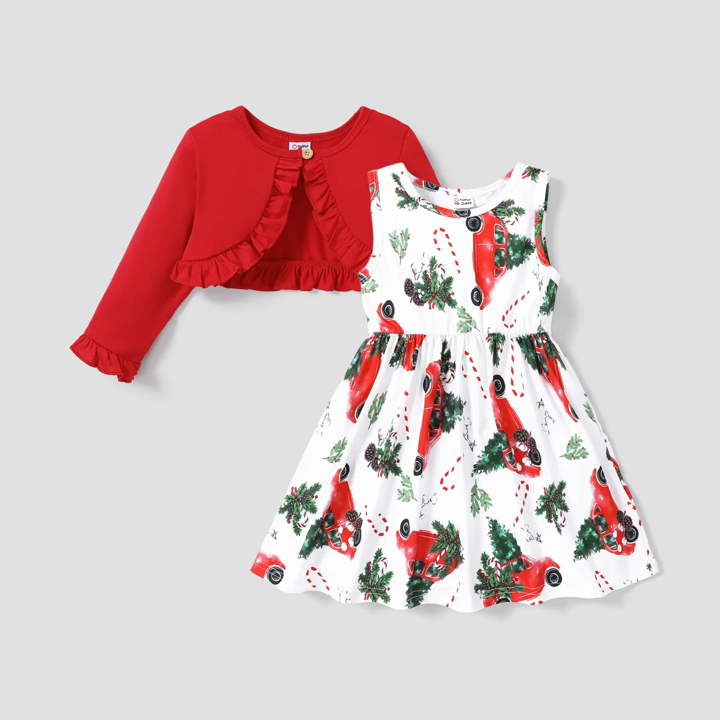 2pcs Toddler Girl Halloween Letter Pumpkin Print Sleeveless Dress and Ruffled Cardigan Set Red