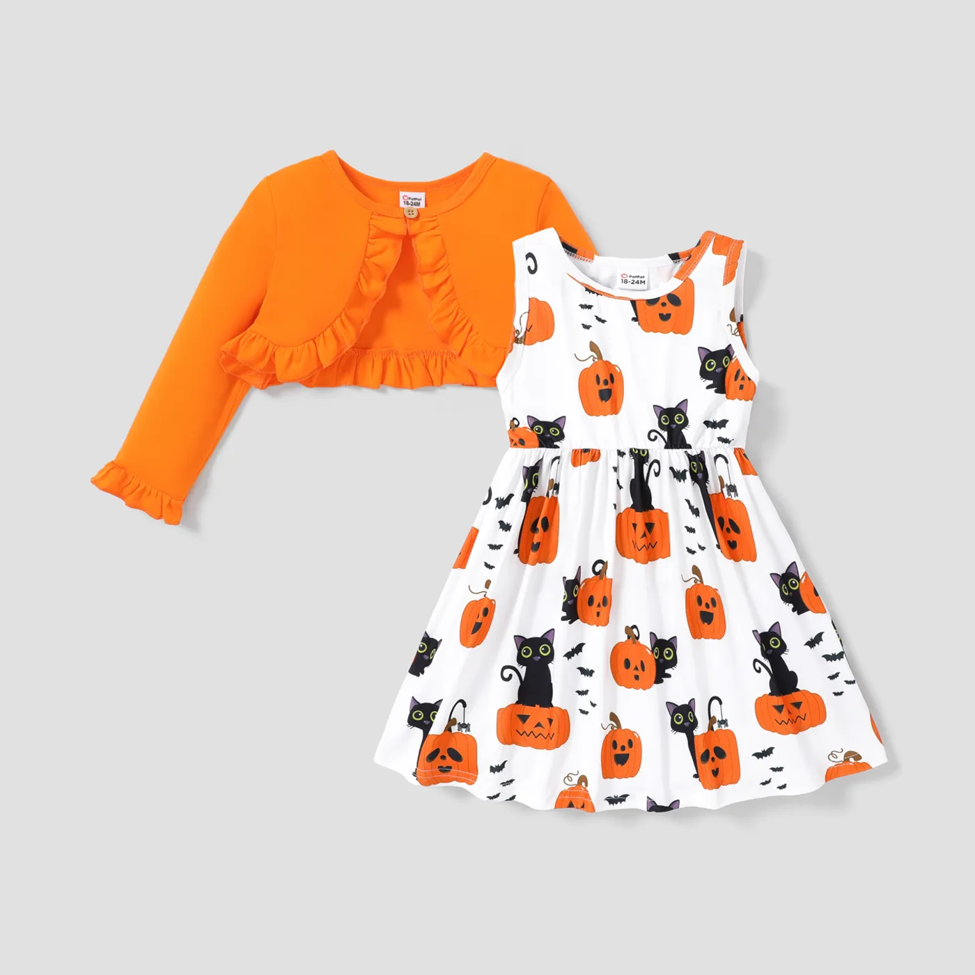 2pcs Toddler Girl Halloween Letter Pumpkin Print Sleeveless Dress and Ruffled Cardigan Set White
