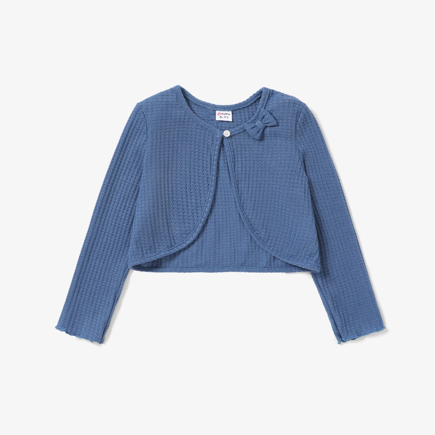 Kid Girl Bowknot Design Waffle Solid Color Cardigan Blue