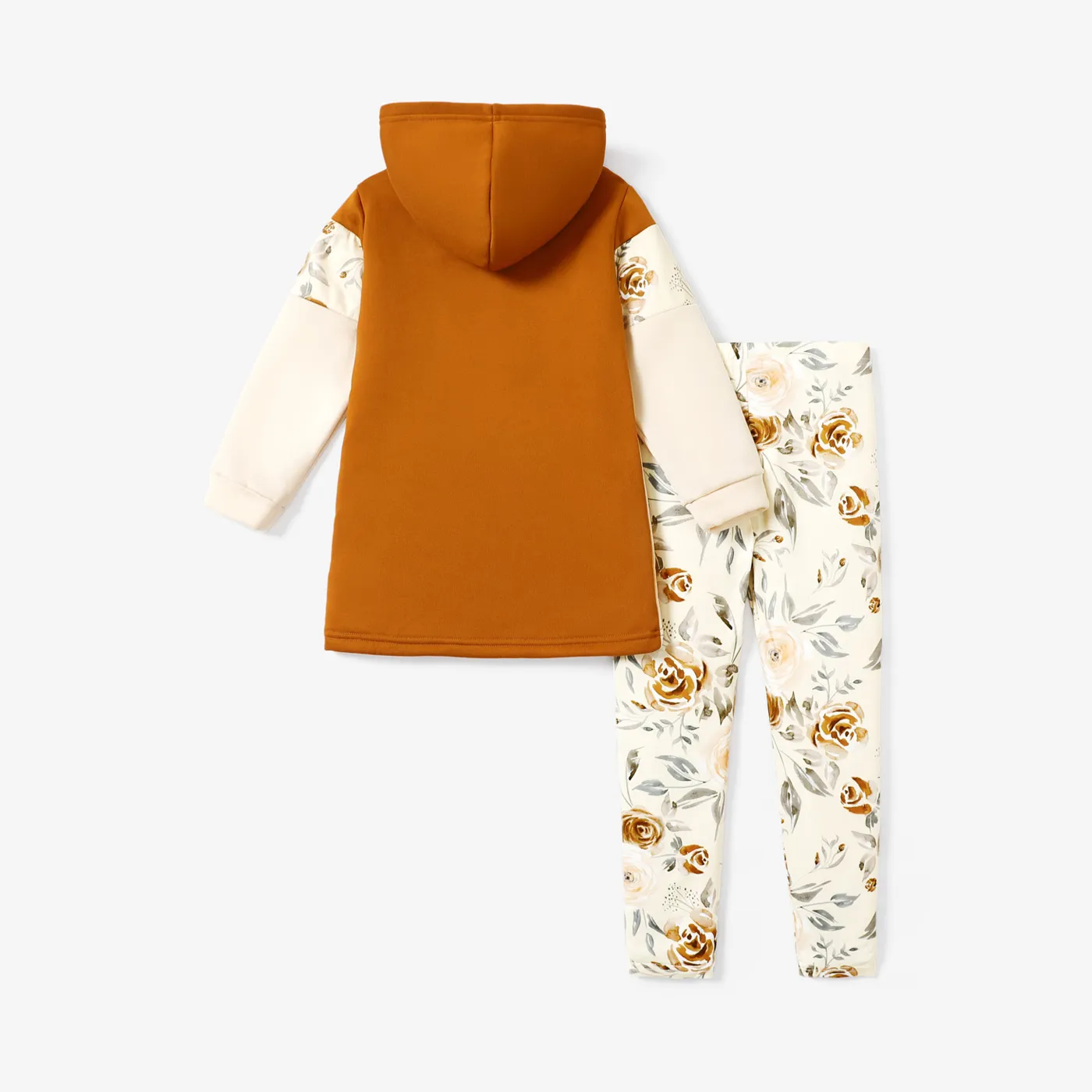 2-piece Kid Girl Floral Print Colorblock Hoodie Sweatshirt and Elasticized Pants Set Apricot image 3