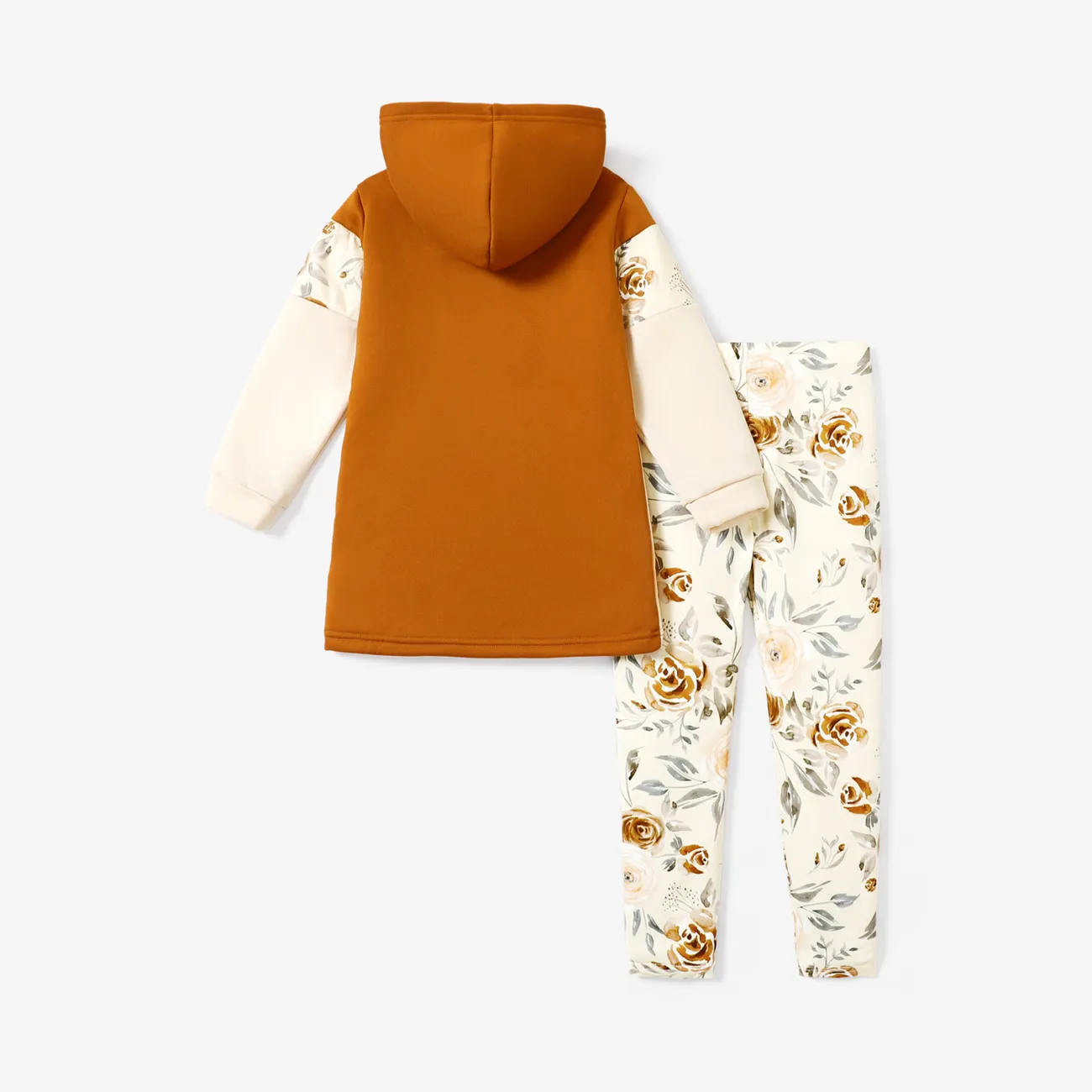 2-piece Kid Girl Floral Print Colorblock Hoodie Sweatshirt and Elasticized Pants Set Apricot big image 1
