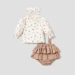 3pcs Baby Floral Print Long-sleeve Top and Ruffle Suspender Skirted Shorts Set Khaki image 2