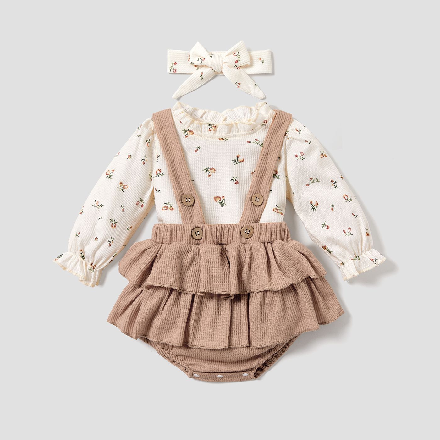 3pcs Baby Floral Print Long-sleeve Top And Ruffle Suspender Skirted Shorts Set