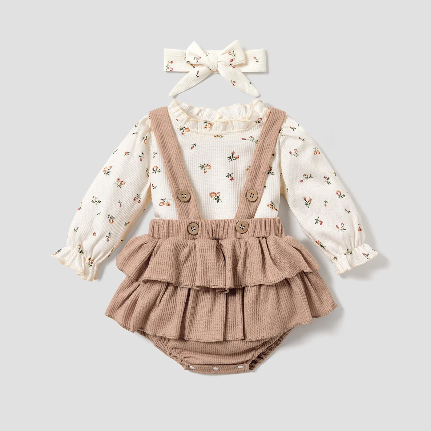 3pcs Baby Floral Print Long-sleeve Top and Ruffle Suspender Skirted Shorts Set Khaki big image 1