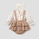 3pcs Baby Floral Print Long-sleeve Top and Ruffle Suspender Skirted Shorts Set Khaki image 3