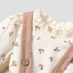 3pcs Baby Floral Print Long-sleeve Top and Ruffle Suspender Skirted Shorts Set Khaki image 4