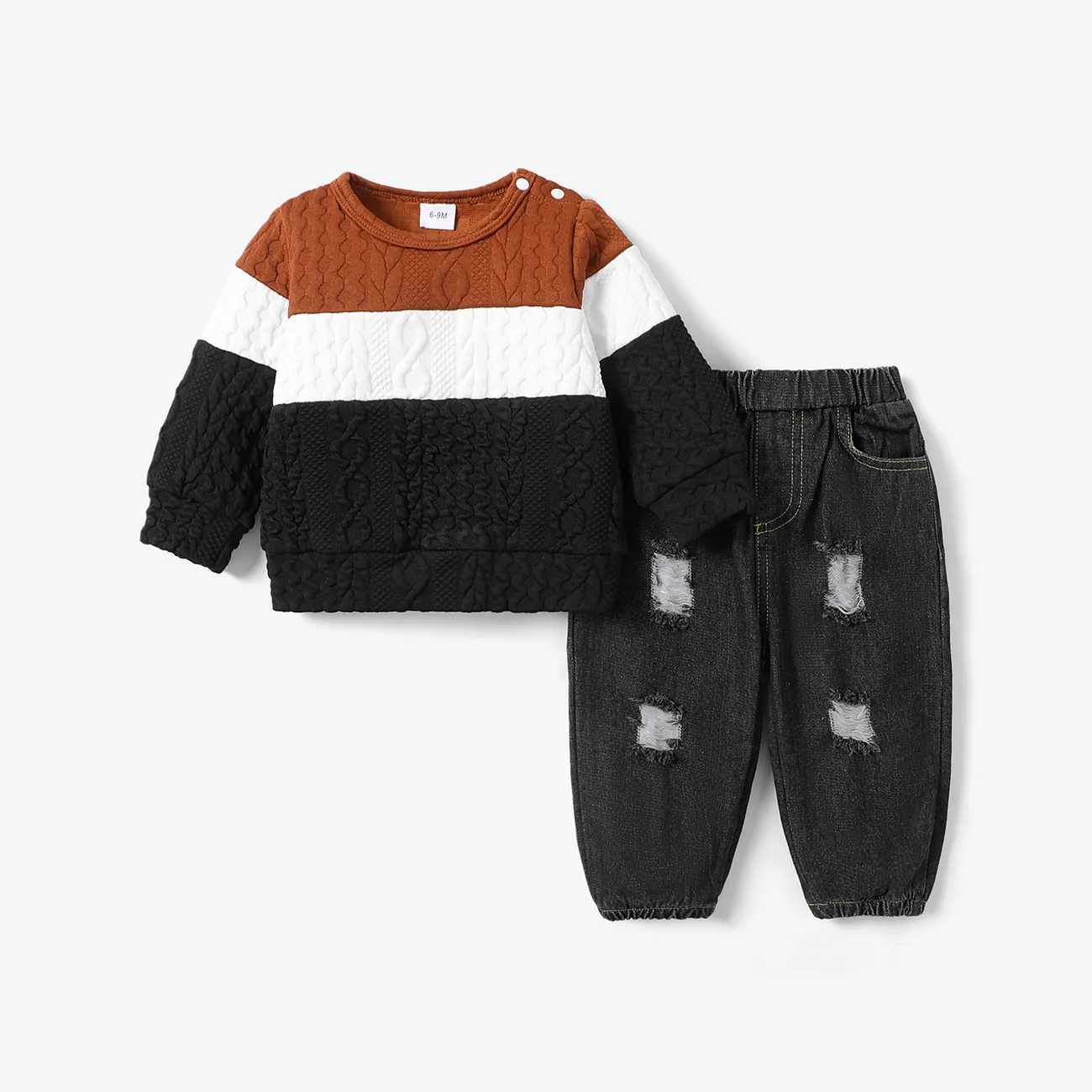 2pcs Baby Boy 95% Cotton Ripped Jeans and Textured Colorblock Long-sleeve Sweatshirt Set Brown big image 1