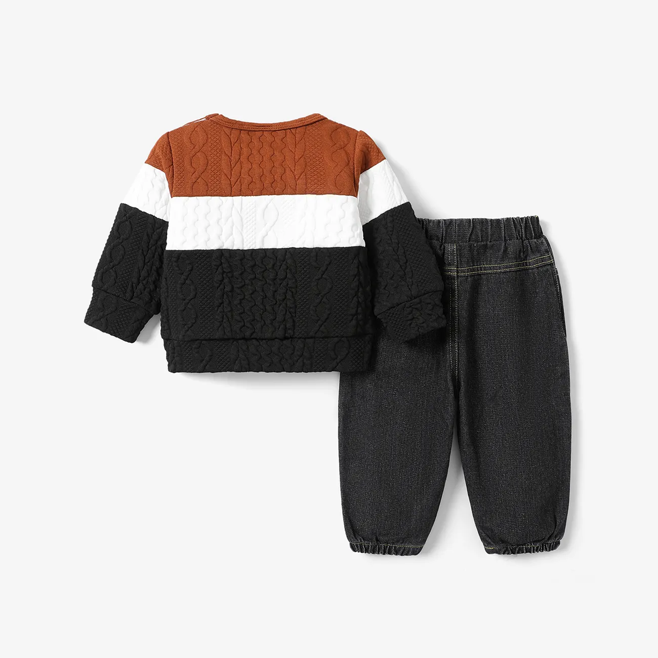 2pcs Baby Boy 95% Cotton Ripped Jeans and Textured Colorblock Long-sleeve Sweatshirt Set Brown big image 1