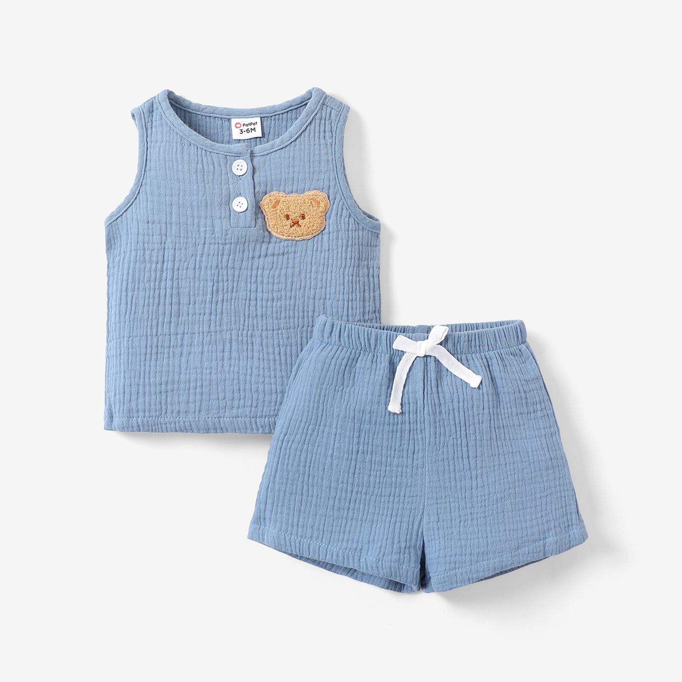

2pcs Baby Boy 100% Cotton Bear Graphic Henley Tank Top and Shorts Set