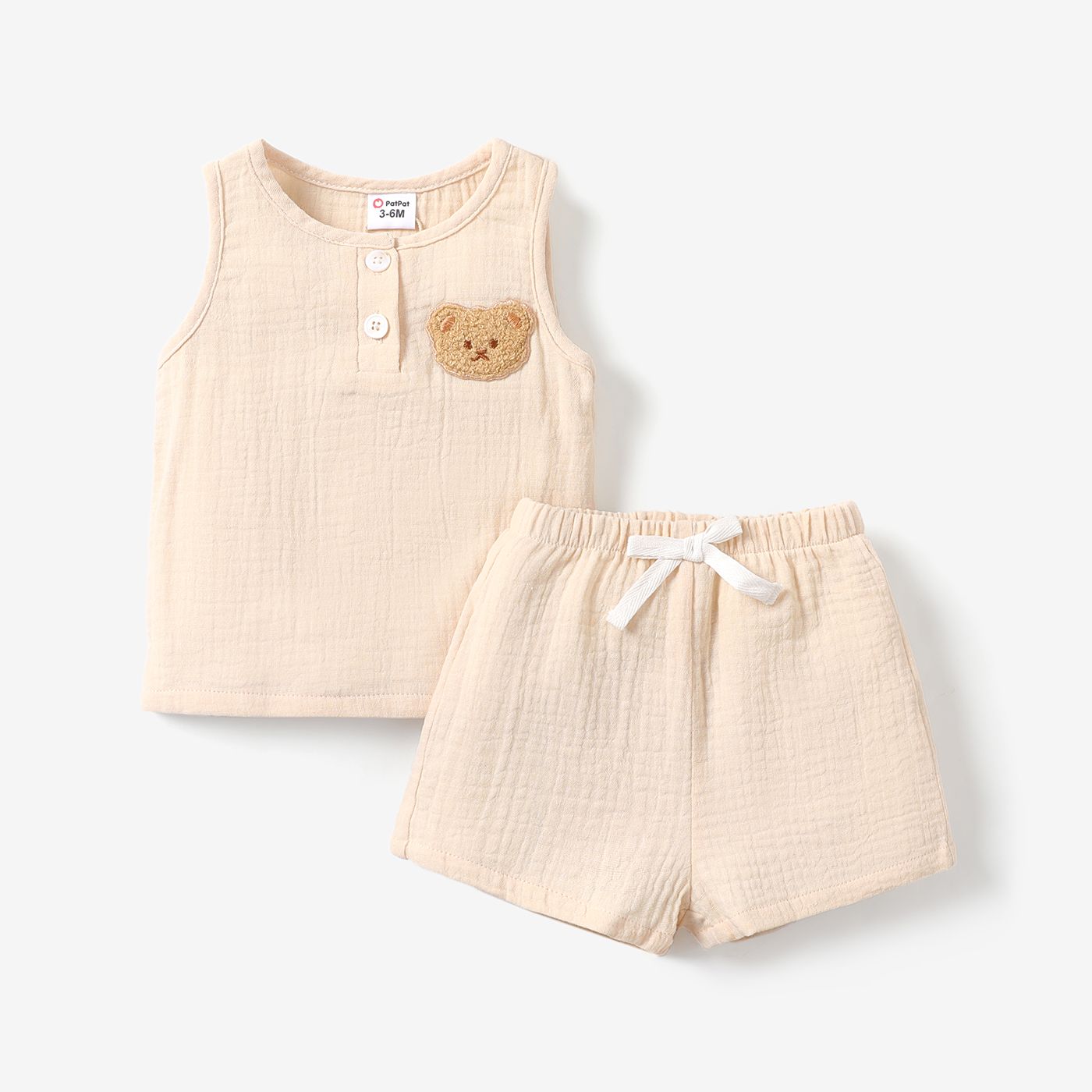 

2pcs Baby Boy 100% Cotton Bear Graphic Henley Tank Top and Shorts Set