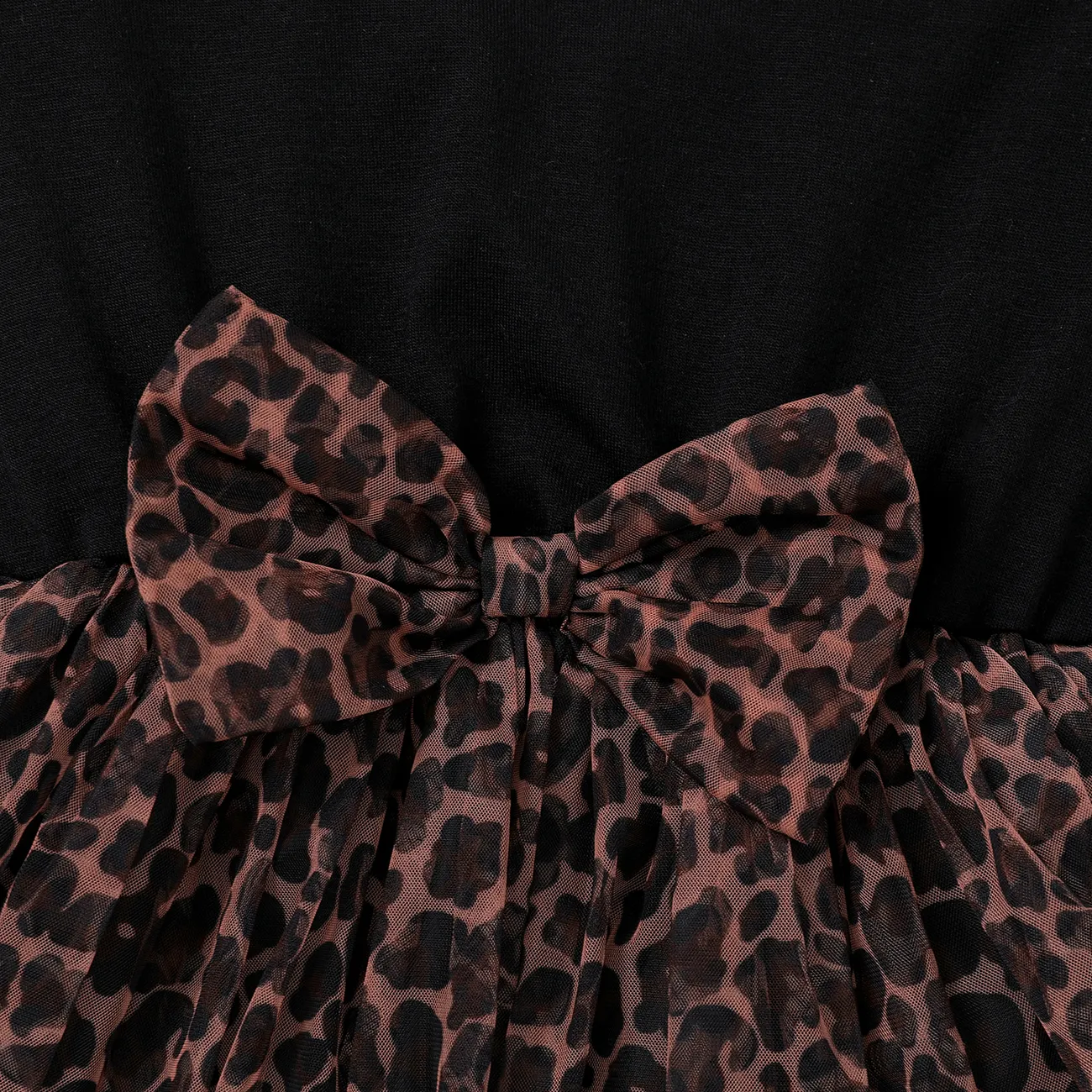 فتاة صغيرة ليوبارد طباعة شبكة لصق bowknot تصميم فستان طويل الأكمام أسود big image 1