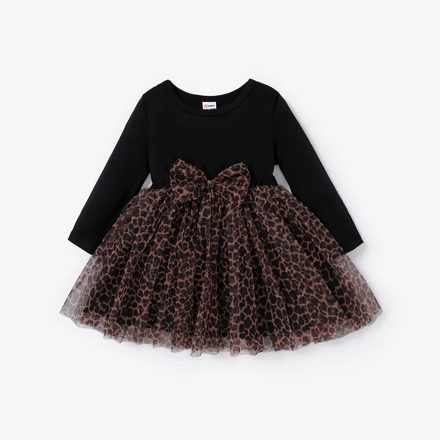 Toddler Girl Leopard Print Mesh Splice Bowknot Design Long-sleeve Dress