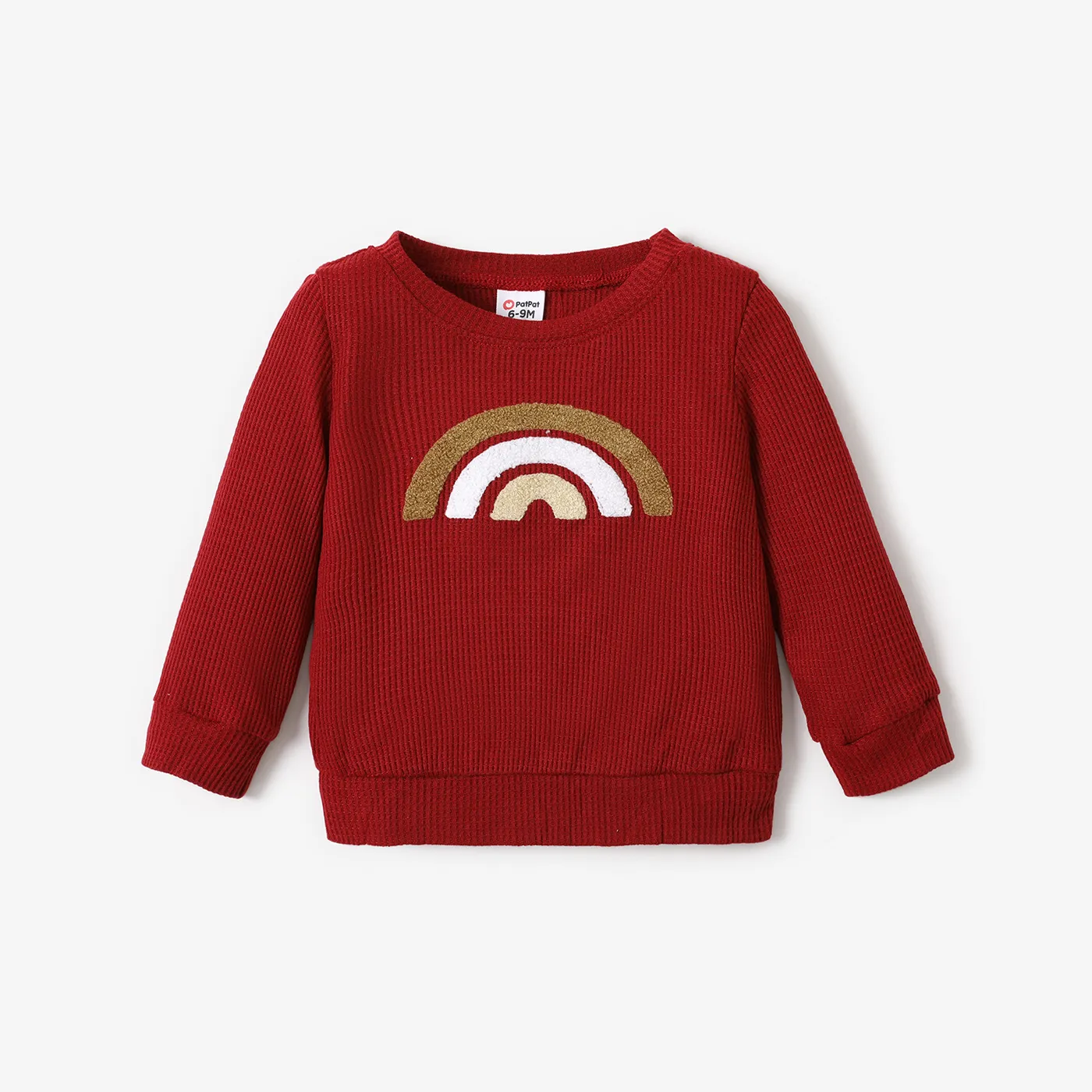 Baby Boy/Girl Rainbow Pattern Waffle Long-sleeve Pullover Sweatshirt Burgundy