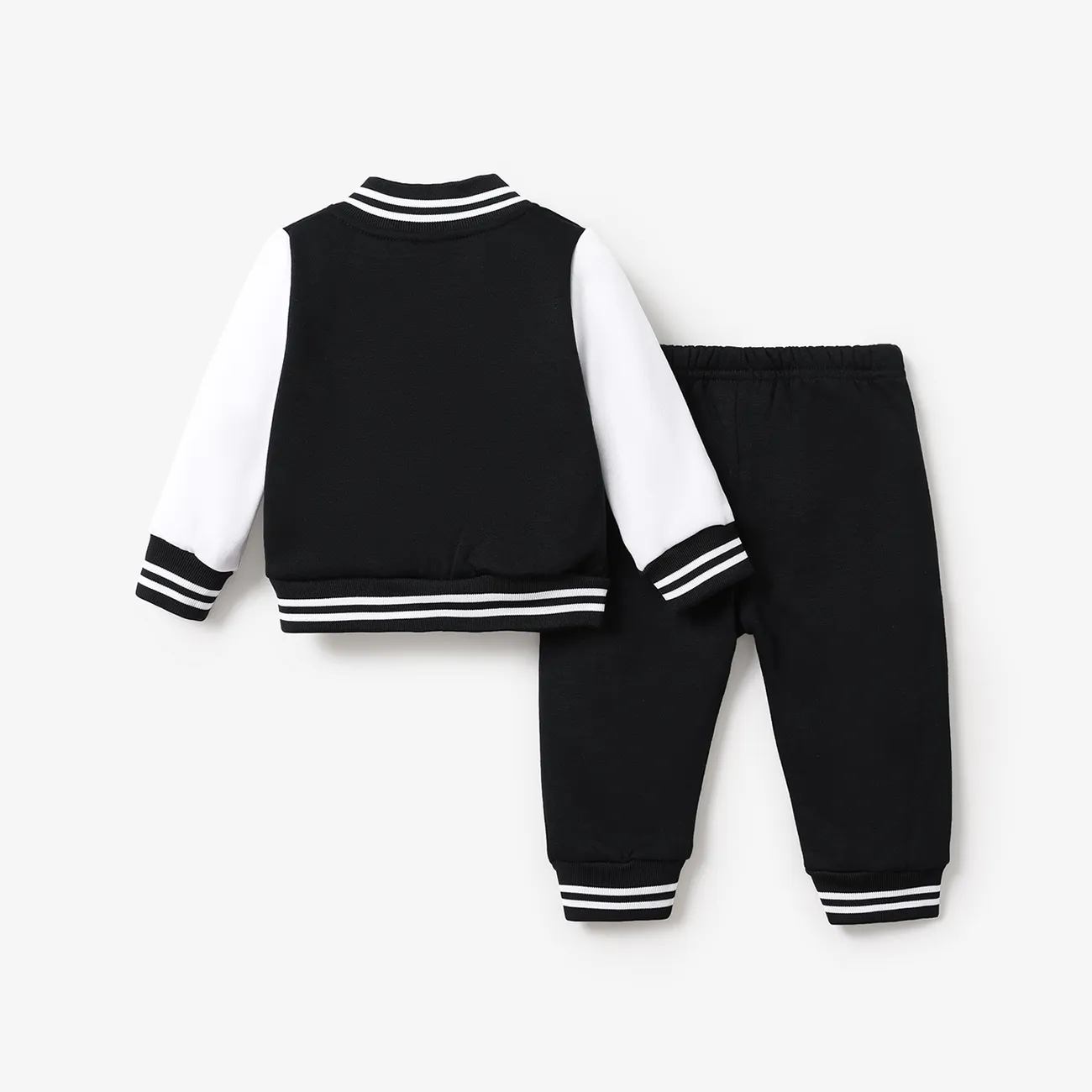 2pcs Baby Boy Letter Embroidered Long-sleeve Bomber Jacket and Sweatpants Set BlackandWhite big image 1