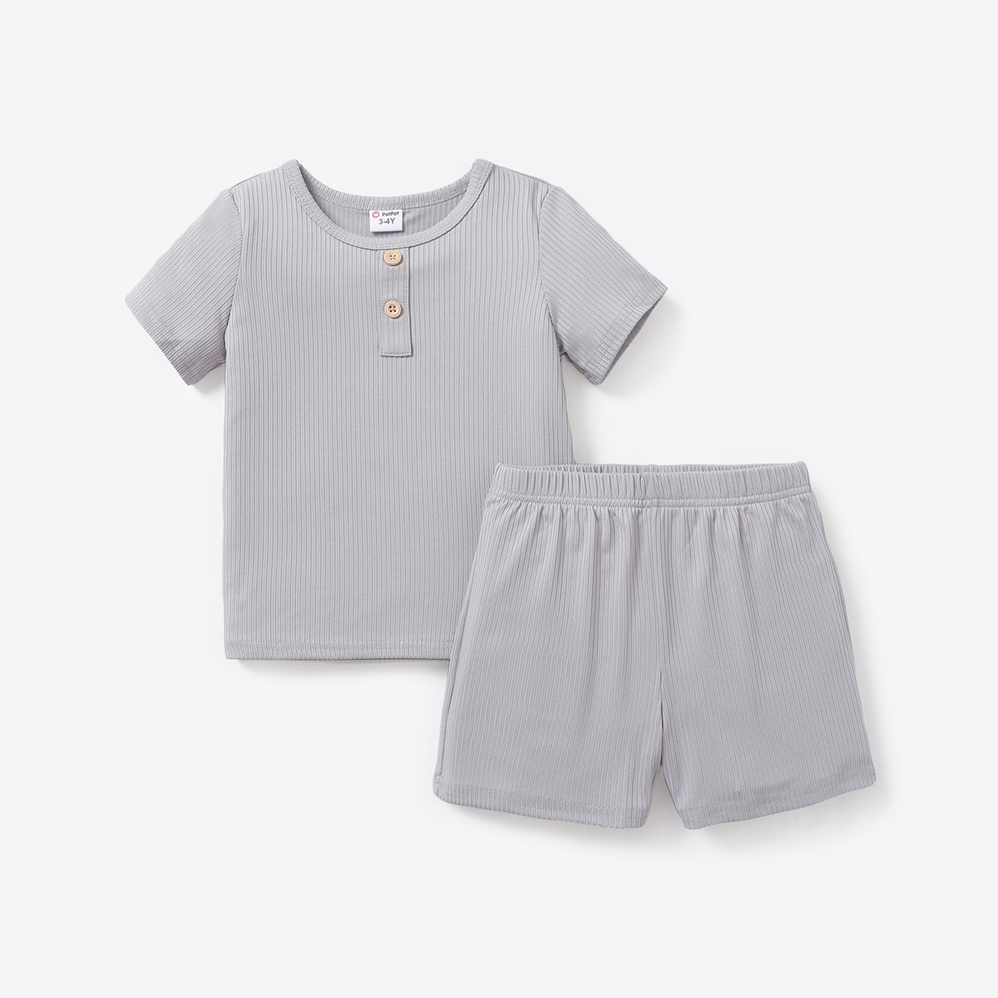 2-piece Toddler Boy Solid Color Button Design Ribbed Tee And Shorts Set