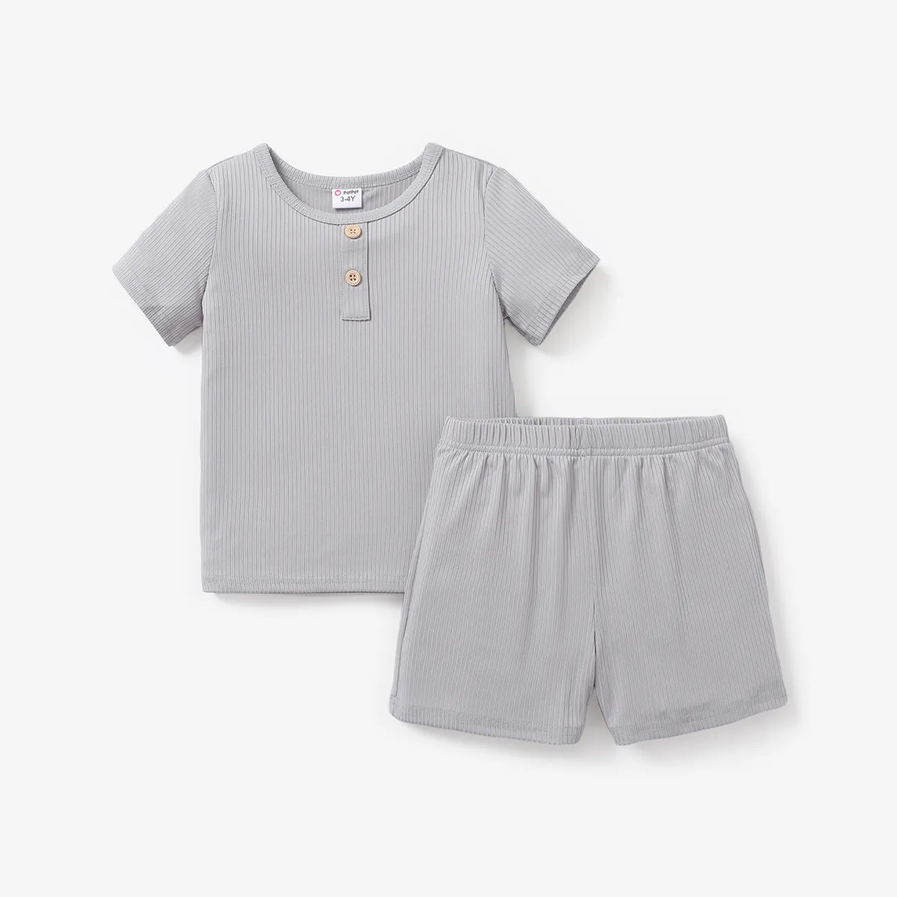 2-piece Toddler Boy Solid Color Button Design Ribbed Tee and Shorts Set Light Grey big image 1