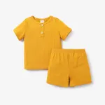 2-piece Toddler Boy Solid Color Button Design Ribbed Tee and Shorts Set Ginger-2